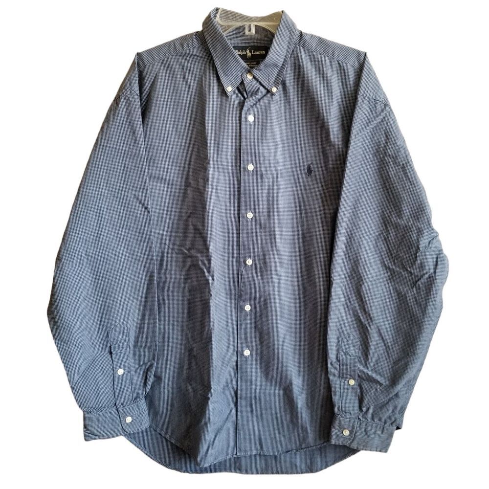 Ralph Lauren Shirt Men's XL Blue Micro Check Plaid Long‎ Sleeve Marlowe Pony
